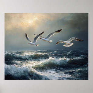 Stormachtige Oceaan Kunst met Meeuwen Poster
