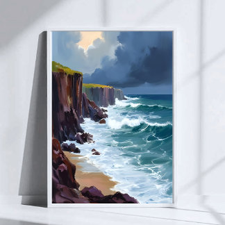 Stormige Kust | Schilderij van strand oceaan golve Poster