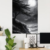 Stormy Cliff Moonlight in zwart-wit Poster (Thuiskantoor)