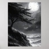 Stormy Cliff Moonlight in zwart-wit Poster (Voorkant)