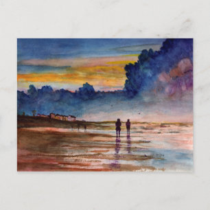 Stormy Sunset Beach Combing Waterverf Seascape Briefkaart