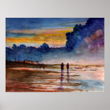 Stormy Sunset Beach Combing Waterverf Seascape