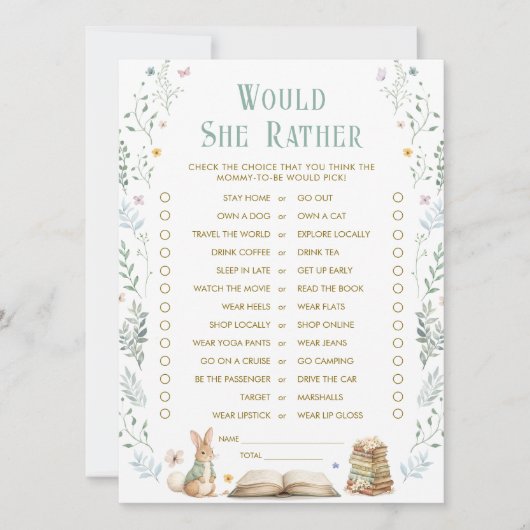 Story Book Baby Shower Would She Rather Game Card Kaart (Voorkant)