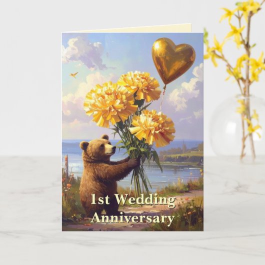 Storybook Beer & Hart 1e bruiloft Jubileum Kaart (Gele Bloem)