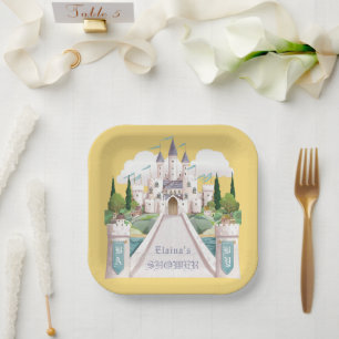 Storybook Castle Geïllustreerd Geel Baby shower Papieren Bordje