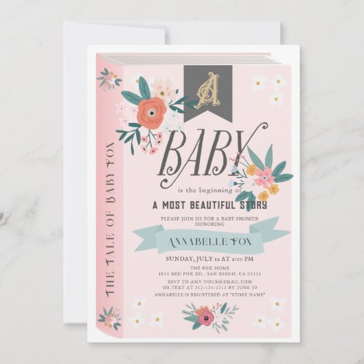 Storybook Pink Floral Girl Baby shower Kaart (Voorkant)