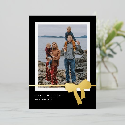 Stout Boog Eenvoudige Foto Goud Folie Feestdagenkaart (Staand Voorkant)