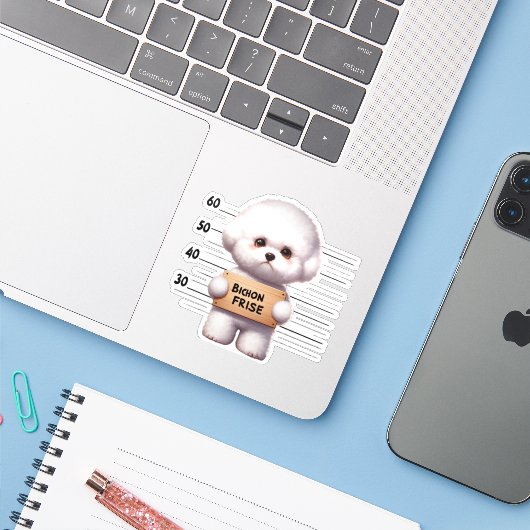 Stoute Bichon Frise Sticker (Laptop met iPhone)