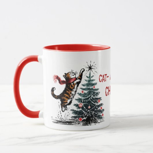 Stoute Kat Springt Kerstboom Gepersonaliseerd Cade Mok (Links)