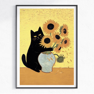 Stoute Zwarte Kat Zonnebloem Schilderstijl Poster