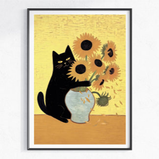 Stoute Zwarte Kat Zonnebloem Schilderstijl Poster
