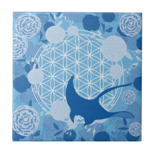straal, bloem van het leven, blauw, mandala,zen,ch tegeltje