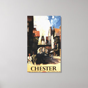 Straat Uitzicht met Clock Clock-rail met Couple &  Canvas Afdruk