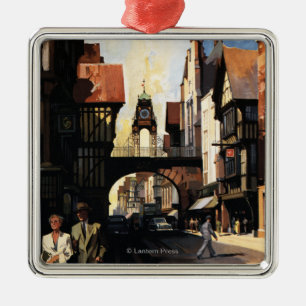 Straat Uitzicht met Clock Clock-rail met Couple &  Metalen Ornament