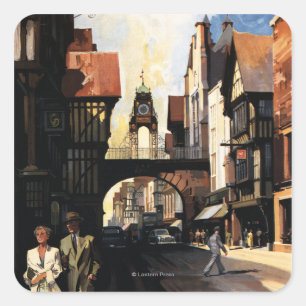 Straat Uitzicht met Clock Clock-rail met Couple & Vierkante Sticker