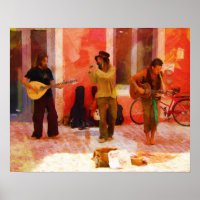 Straatmuzikanten die Guitar Mandolin en Flute spel