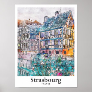Straatsburg Frankrijk Reizen Waterverf Hand geteke Poster