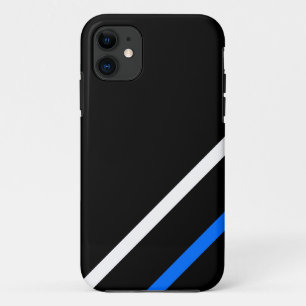Strak sportief wit blauw racing strepen op zwart iPhone 11 hoesje
