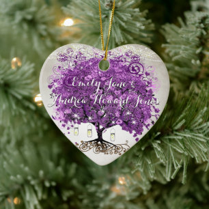 Stralend Paars Romantisch Hartblad Bruiloft Keramisch Ornament