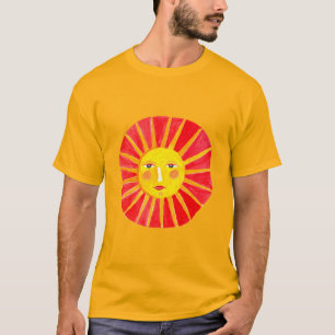 Stralend rood en geel Sun Face T-shirt
