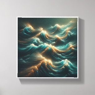 Stralende Golvende Golven - Moderne Teal en Gouden Canvas Afdruk