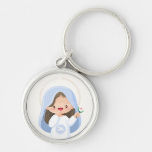 Stralende Kawaii Maagd Maria met Bloem – Wit Sleutelhanger