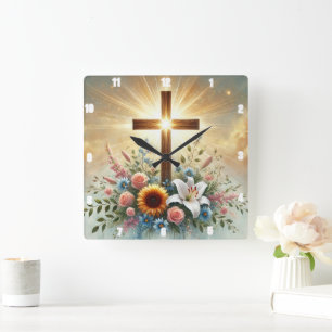 Stralende Kruis Bloemen Spirituele Witte Lelie Vierkante Klok