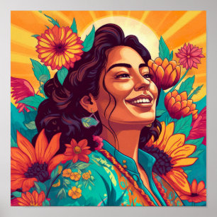 Stralende Mexicaans-Amerikaanse Vrouw Bloemen Prin Poster
