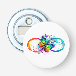 Stralende oneindigheid met regenboog vlinder button flesopener