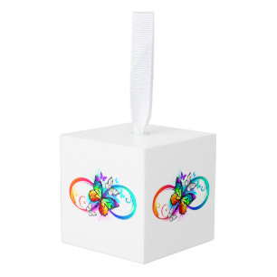 Stralende oneindigheid met regenboog vlinder kubus ornament