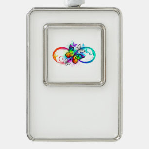 Stralende oneindigheid met regenboog vlinder verzilverd kader ornament