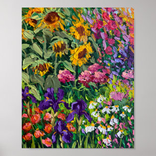 Stralende Zomer Zonnebloem en Iris Weide Olieverf Poster