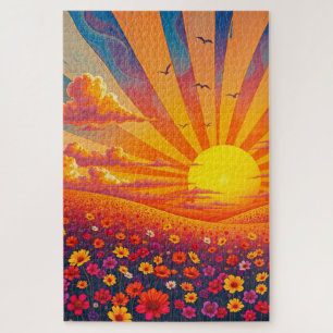 Stralende zonsondergang over grillig landschap legpuzzel
