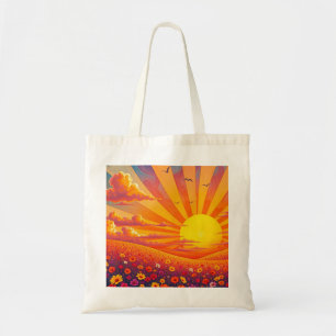 Stralende zonsondergang over grillig landschap tote bag