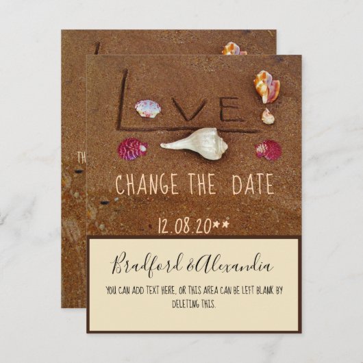Strand aangepaste bruiloft Shells & Love Verander Save The Date (Voorkant / Achterkant)