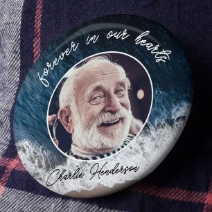 Strand aangepaste tekst rouw-/herdenkingsfoto trib ronde button 6,0 cm