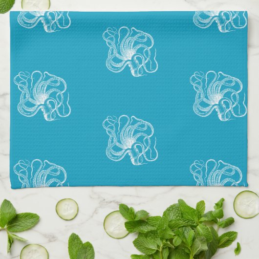 Strand Aqua Blauw Witte Oceaan Octopus Theedoek (Gevouwen)