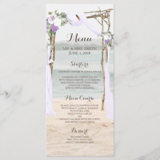 Strand Arbor Lavendel Trouwmenu Kaart (Voorkant)