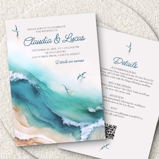 Strand Bestemming Details QR Code Bruiloft Kaart