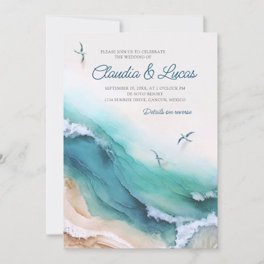 Strand Bestemming Details QR Code Bruiloft Kaart (Voorkant)