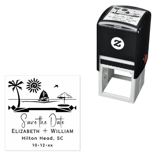 Strand Bestemming Koppel Bruiloft Save the Date Zelfinktende Stempel (In situ)