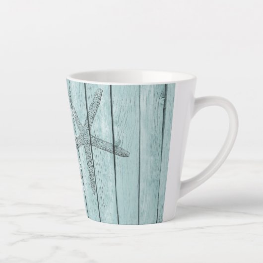 Strand Blauw Faux Hout Zeester Latte Mok (Rechts)