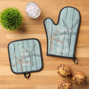 Strand Blauw Faux Hout Zeester Ovenwant & Pannenlap Set