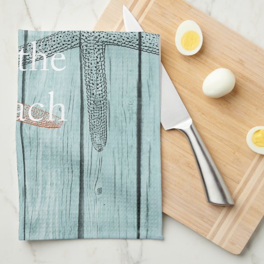 Strand Blauw Faux Hout Zeester Theedoek (Quarter Fold)