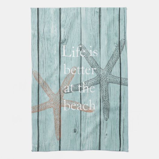 Strand Blauw Faux Hout Zeester Theedoek (Verticaal)