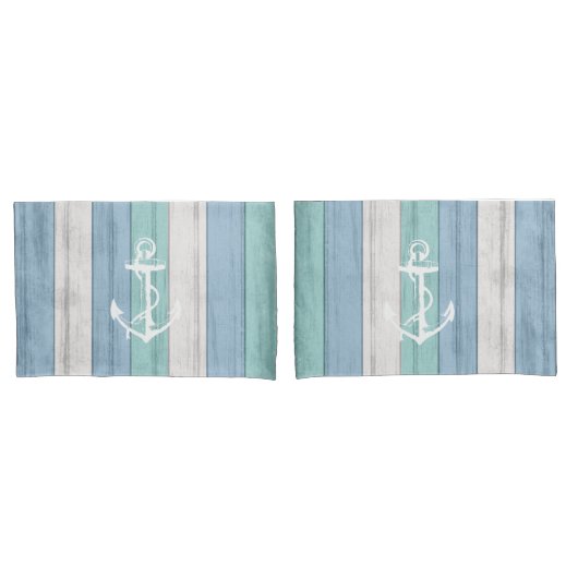 Strand Blauw Hout Nautische Strepen & Anker Kussensloop (Voorkant-Set)