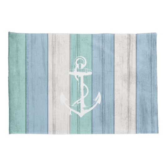 Strand Blauw Hout Nautische Strepen & Anker Kussensloop (Achterkant-Rechts)