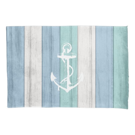 Strand Blauw Hout Nautische Strepen & Anker Kussensloop (Voorkant-Links)