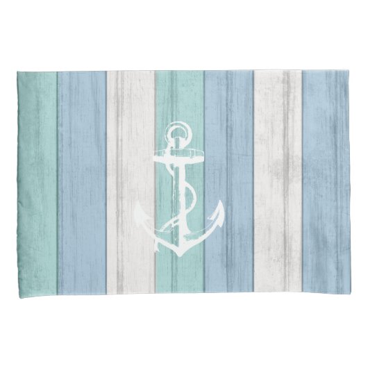 Strand Blauw Hout Nautische Strepen & Anker Kussensloop (Voorkant-Rechts)