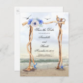 Strand Blauwe Bloemen Bewaar de Datum Aankondigingskaart (Voorkant / Achterkant)